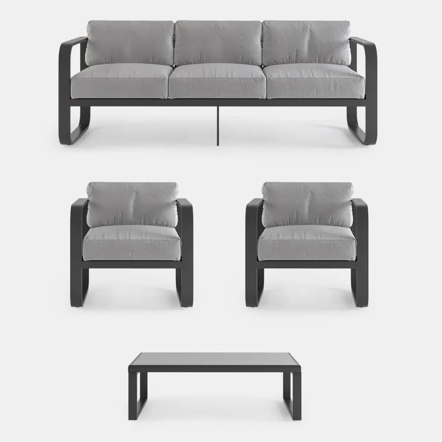 Set relax in alluminio antracite con cuscini grigi e tavolino con top in vetro - Solara