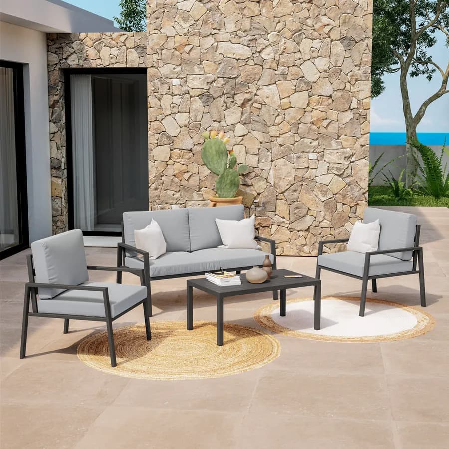 Set relax 4 posti in alluminio antracite con cuscini grigi - Carridi