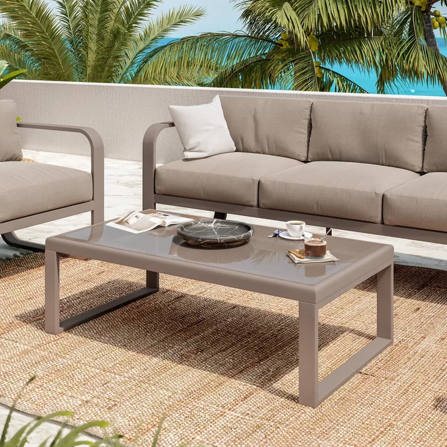 Set relax in alluminio tortora con cuscini naturale e tavolino con top in vetro - Solara