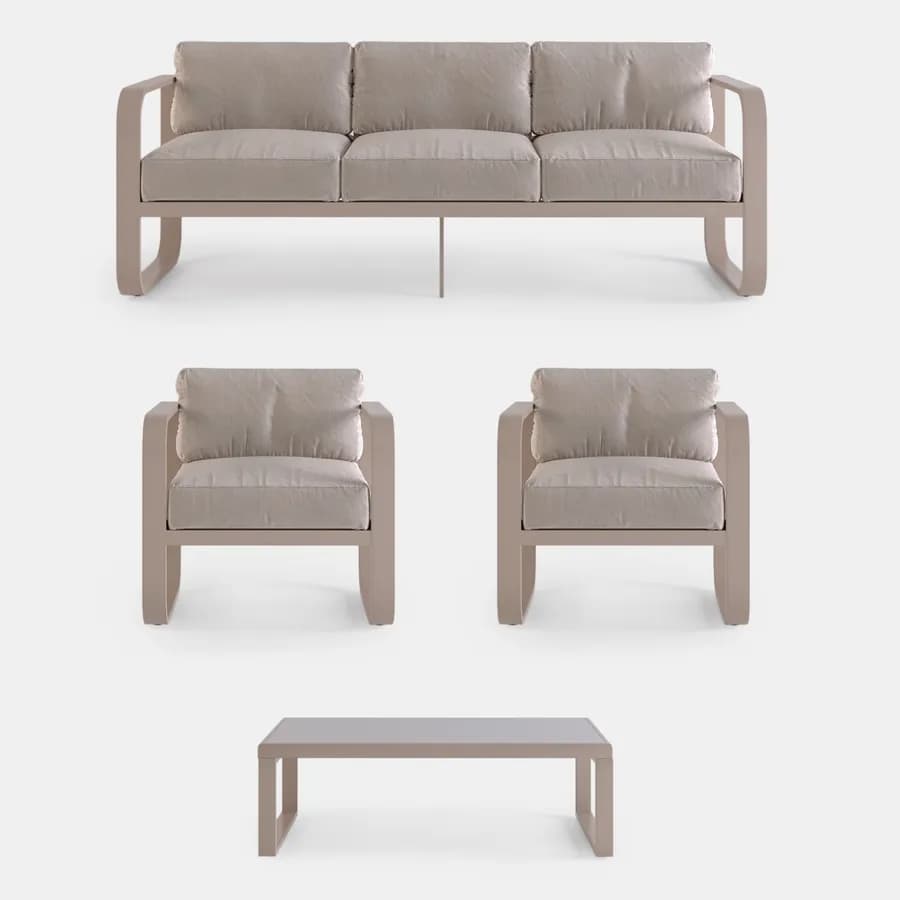 Set relax in alluminio tortora con cuscini naturale e tavolino con top in vetro - Solara