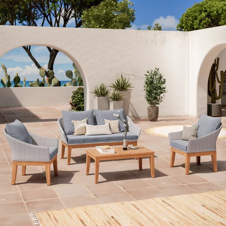 Set relax in polyrattan grigio e legno di acacia con cuscini - Guava
