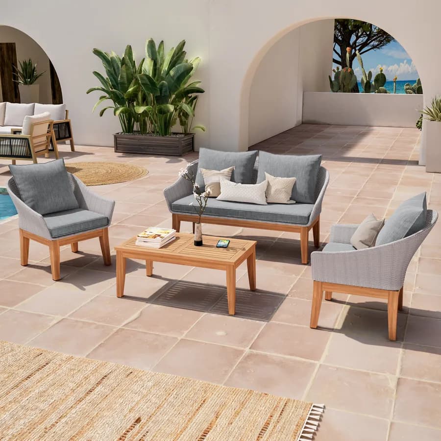 Set relax in polyrattan grigio e legno di acacia con cuscini - Guava