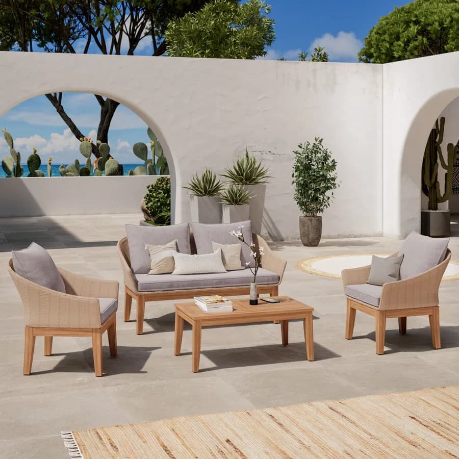 Set relax in polyrattan naturale e legno di acacia con cuscini - Guava