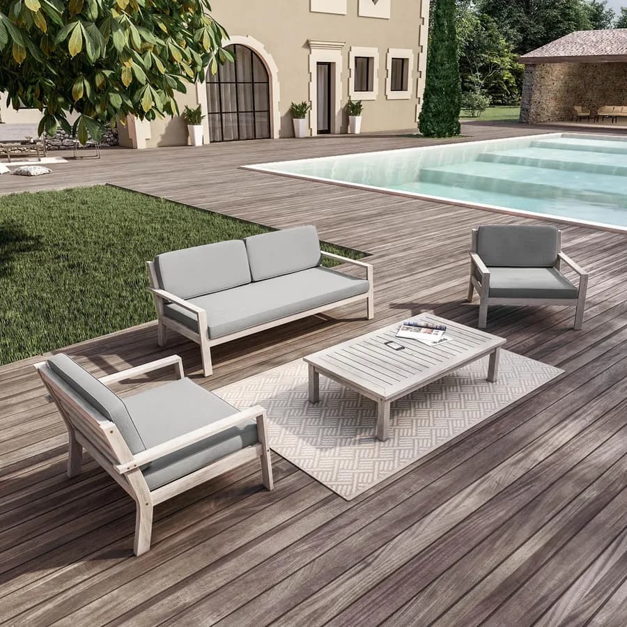 Set relax divano 2 poltrone e tavolino in legno acacia bianco con cuscini grigi - Isabel