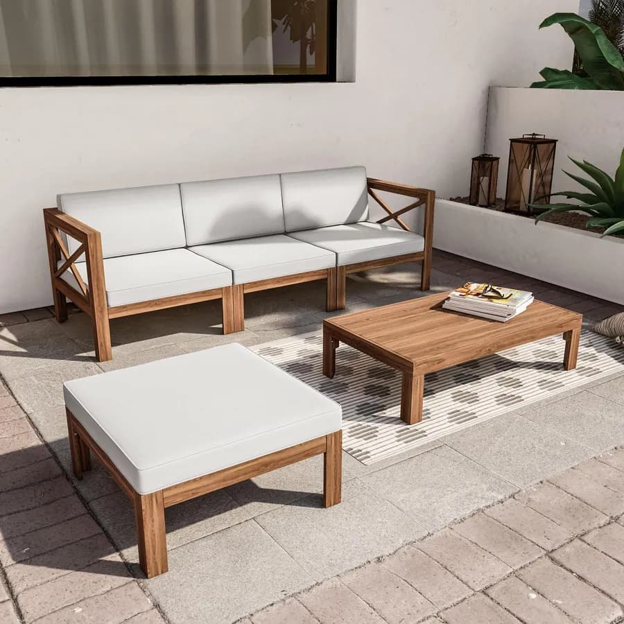 Set relax divano pouf e tavolino in legno di acacia con cuscini ecrù - Morgan
