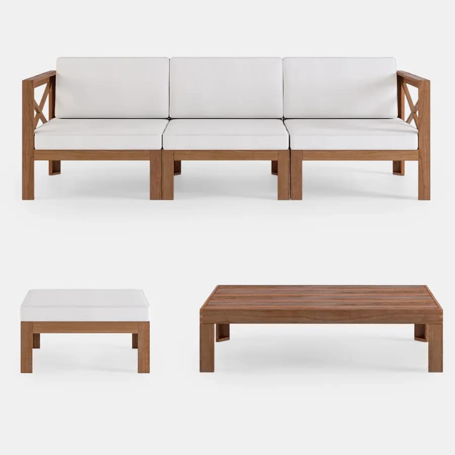 Set relax divano pouf e tavolino in legno di acacia con cuscini ecrù - Morgan