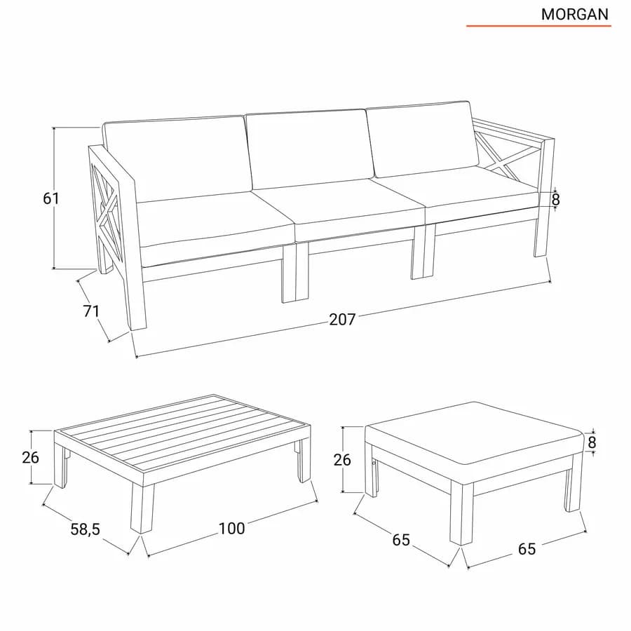 Set relax divano pouf e tavolino in legno di acacia con cuscini ecrù - Morgan