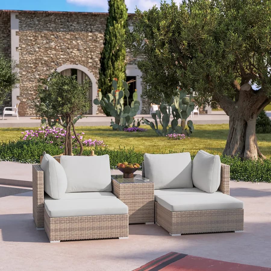 Set relax modulare con divano 2 pouf e tavolino top in vetro in polyrattan beige - Tropico