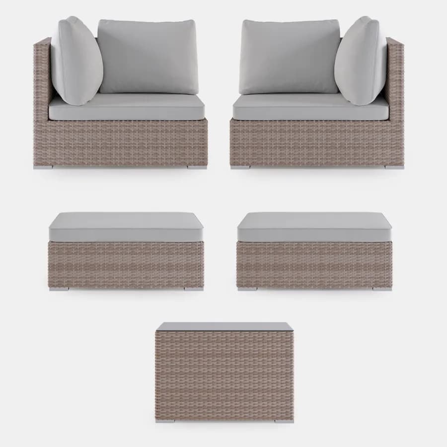 Set relax modulare con divano 2 pouf e tavolino top in vetro in polyrattan beige - Tropico