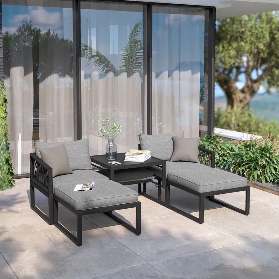 Set relax modulare in alluminio antracite con cuscini grigi e dettagli in corda - Miranda