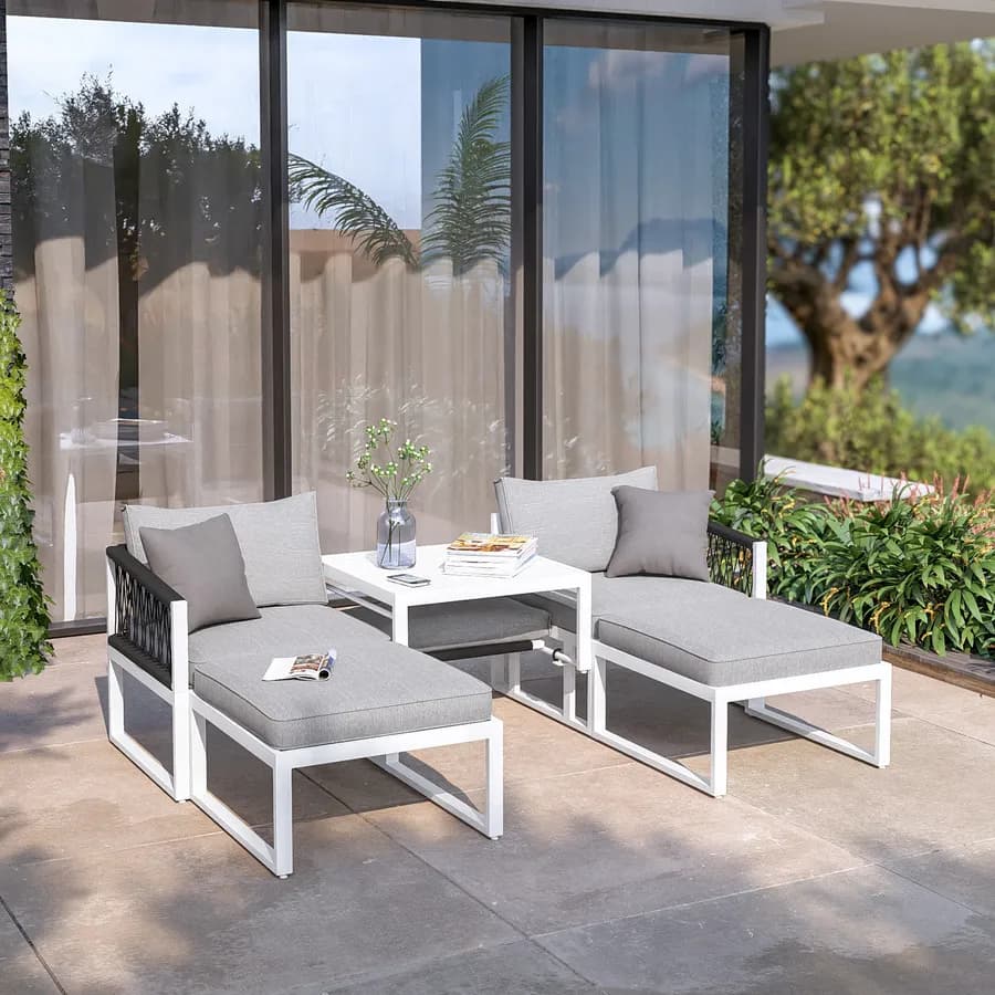 Set relax modulare in alluminio bianco con cuscini grigi e dettagli in corda - Miranda