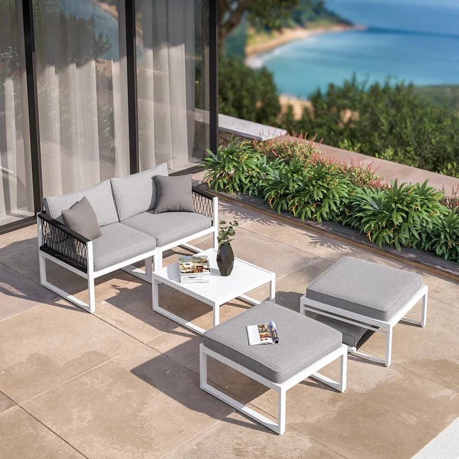 Set relax modulare in alluminio bianco con cuscini grigi e dettagli in corda - Miranda