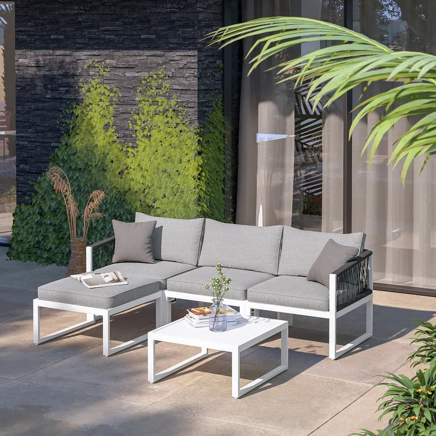 Set relax modulare in alluminio bianco con cuscini grigi e dettagli in corda - Miranda