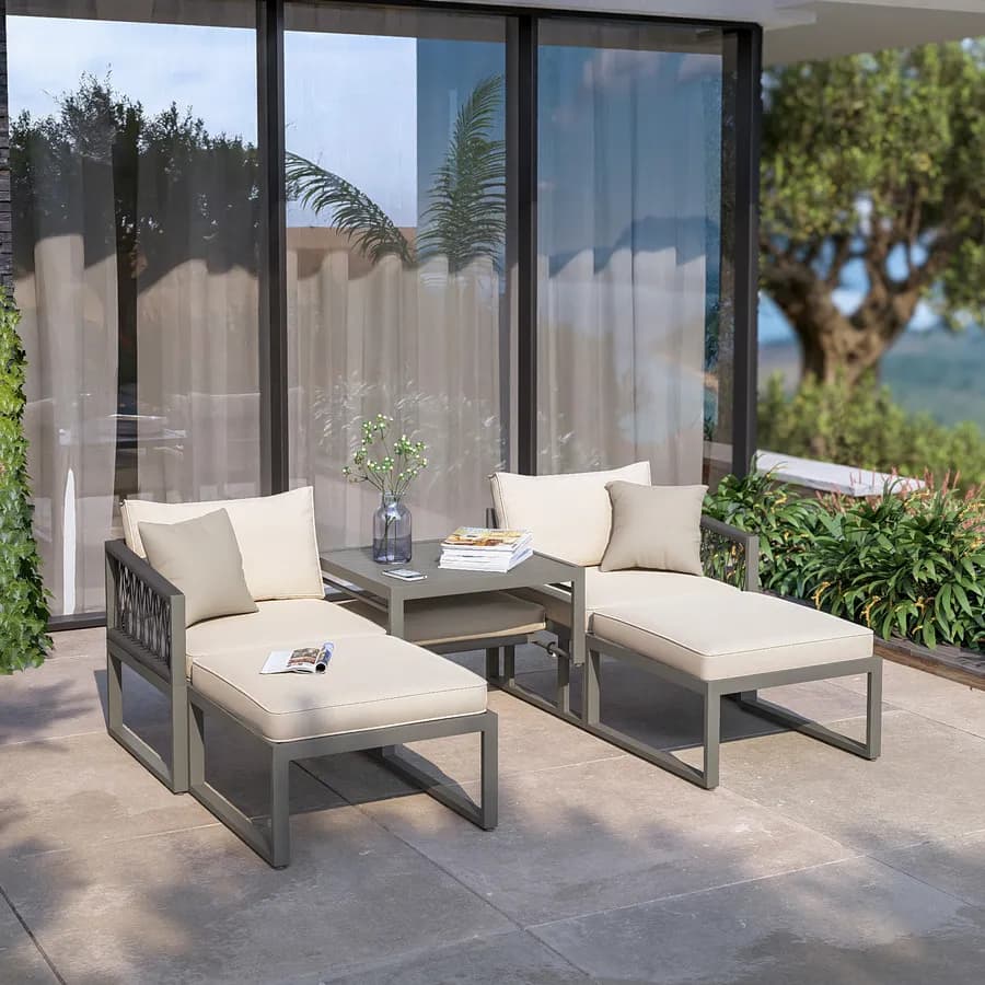 Set relax modulare in alluminio tortora con cuscini beige e dettagli in corda - Miranda