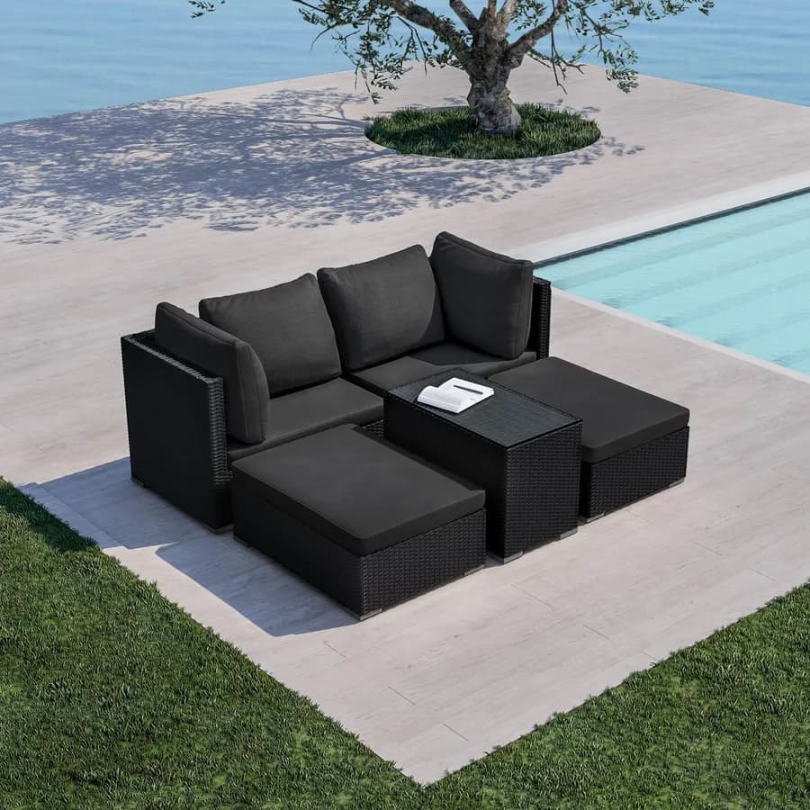 Set relax modulare divano 2 pouf e tavolino con top in vetro in polyrattan nero - Tropico