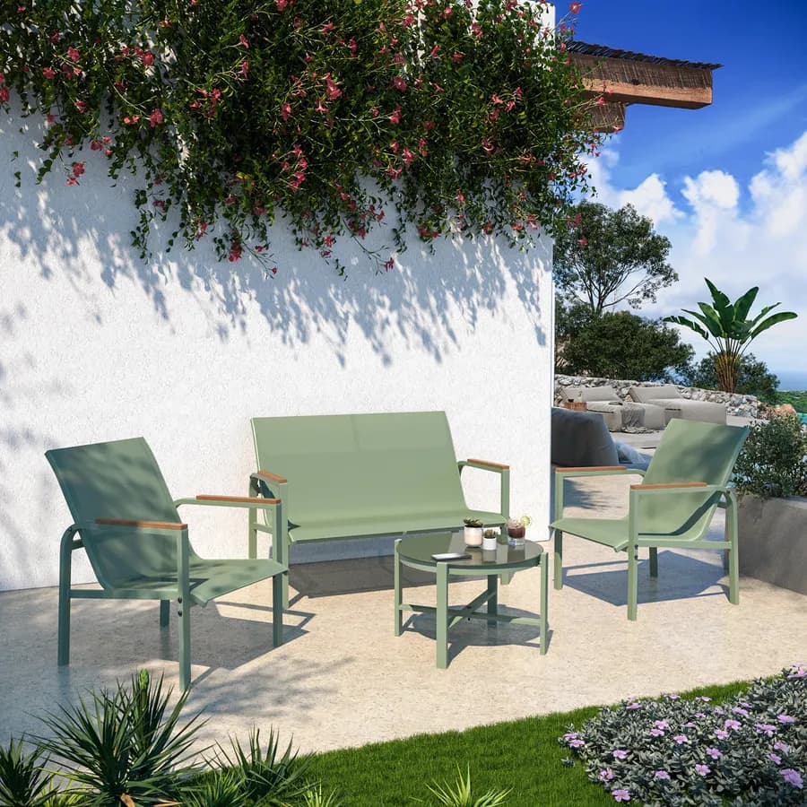 Set relax 4 posti con tavolino in acciaio e textilene verde e dettagli in polywood - Veski