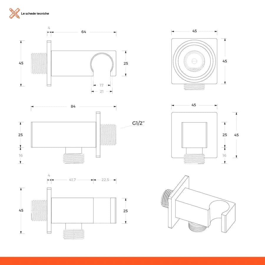 Set squadrato incasso doccia braccio 40 cm soffione e doccino con flessibile