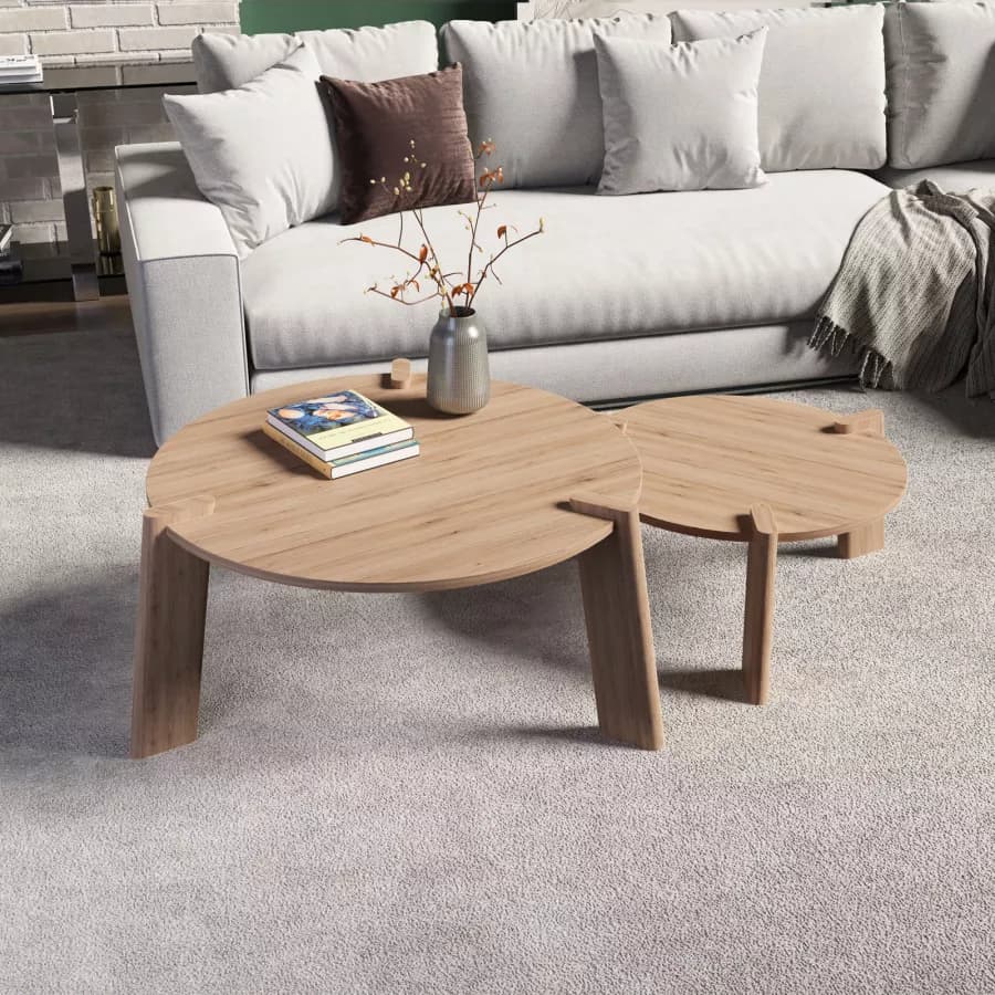 Set 2 tavolini tondi 60 cm e 80 cm in legno rovere - Scaly