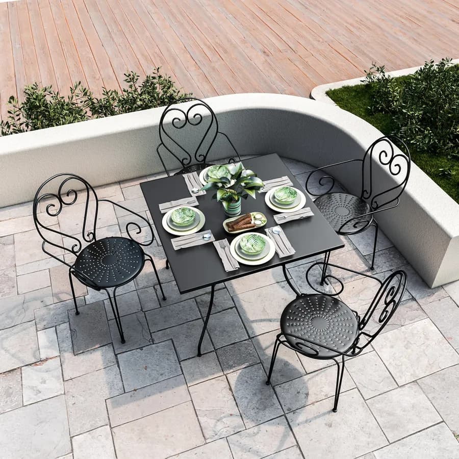 Set pranzo tavolo 90x90 cm e 4 sedie con braccioli in metallo nero - Loren