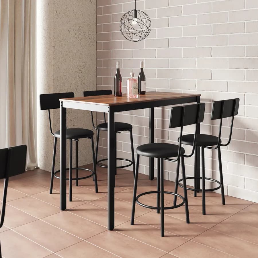 Set tavolo alto 120x60 cm top effetto legno e gambe in acciaio nero con 4 sgabelli in similpelle nera - Bayard