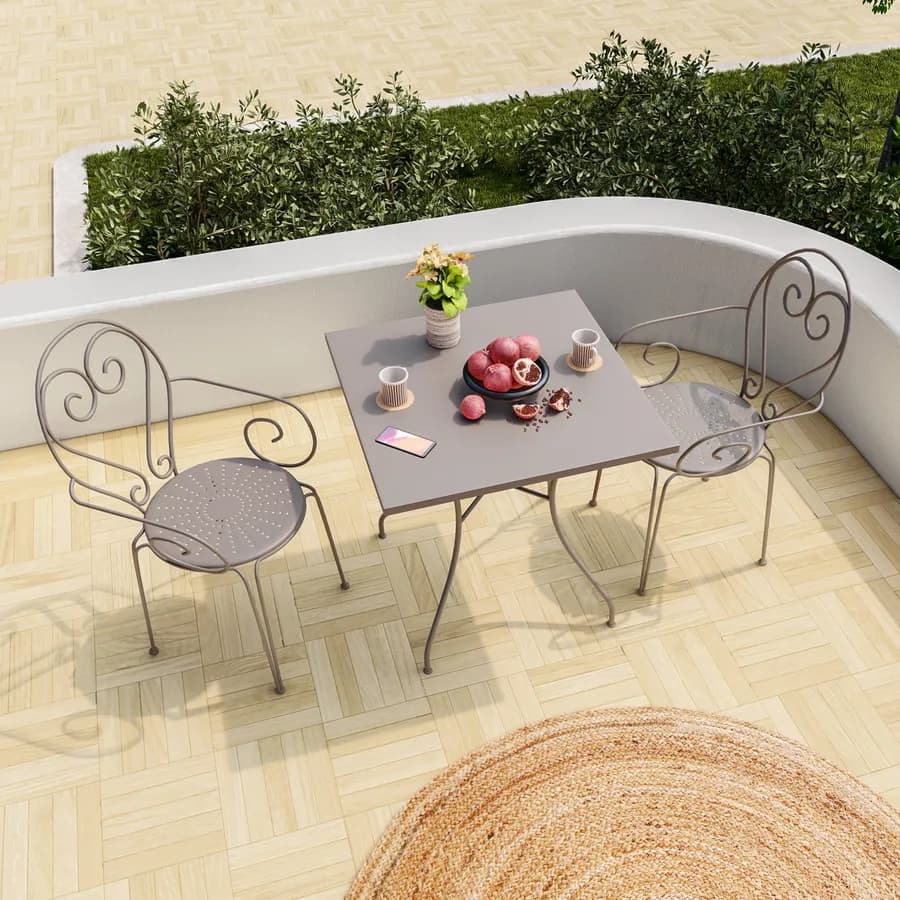 Set bistrot tavolo 70x70 cm e 2 sedie con braccioli in metallo tortora - Loren