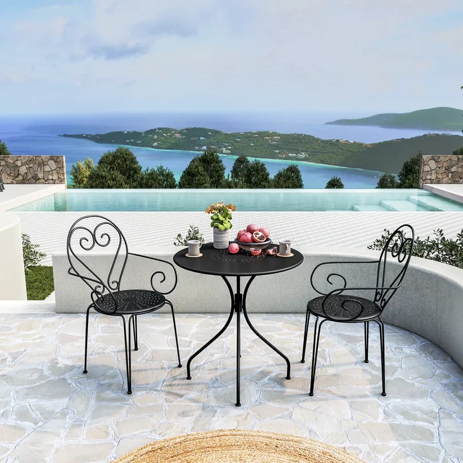Set bistrot tavolo rotondo 70 cm e 2 sedie con braccioli in metallo nero - Loren