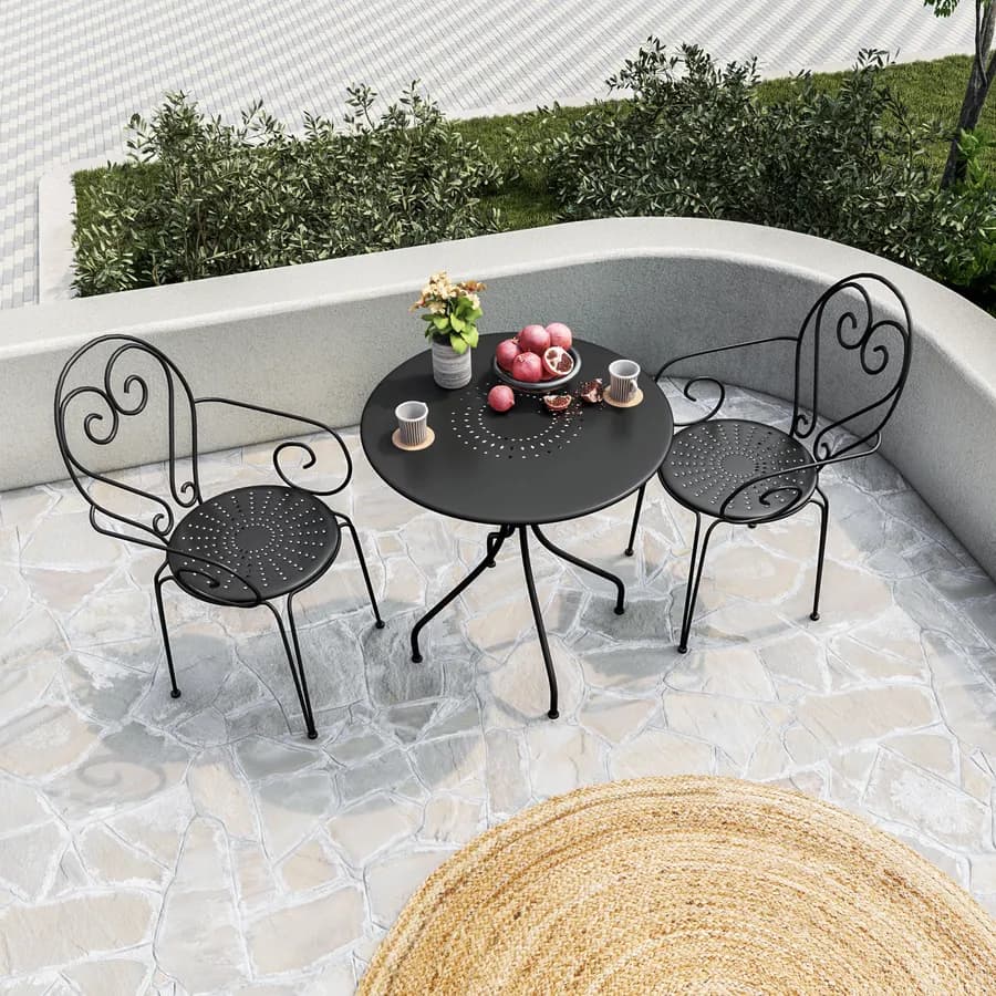 Set bistrot tavolo rotondo 70 cm e 2 sedie con braccioli in metallo nero - Loren