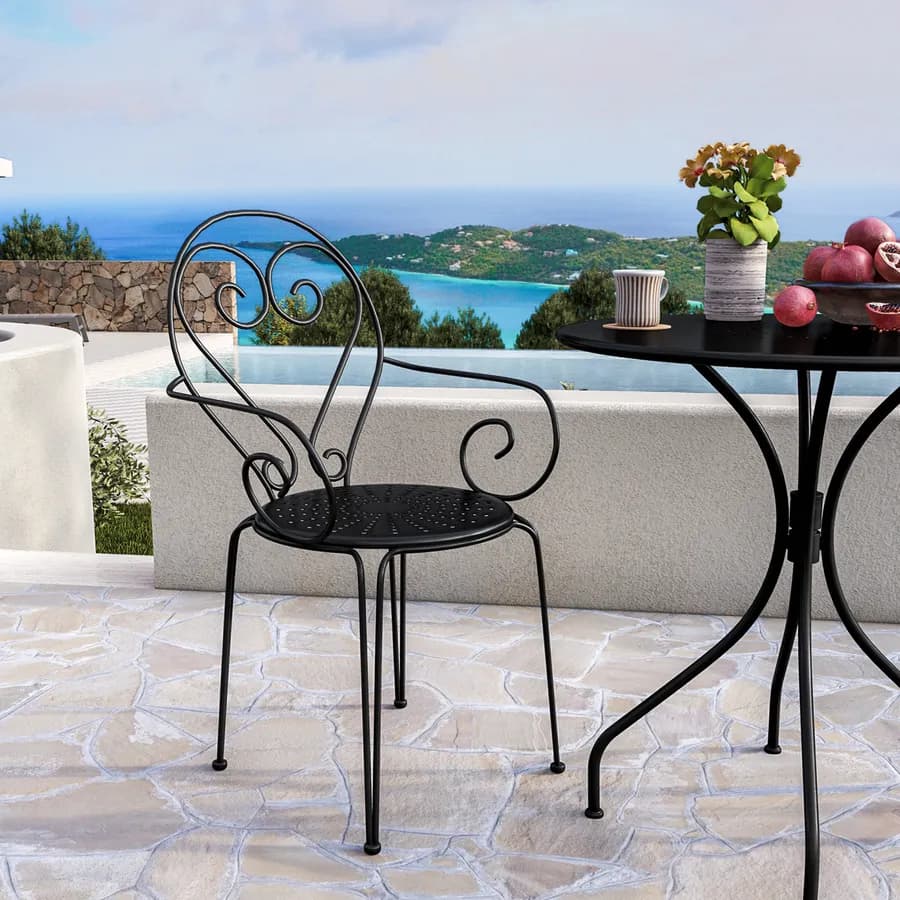 Set bistrot tavolo rotondo 70 cm e 2 sedie con braccioli in metallo nero - Loren