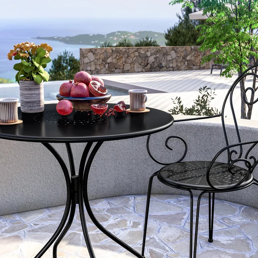 Set bistrot tavolo rotondo 70 cm e 2 sedie con braccioli in metallo nero - Loren