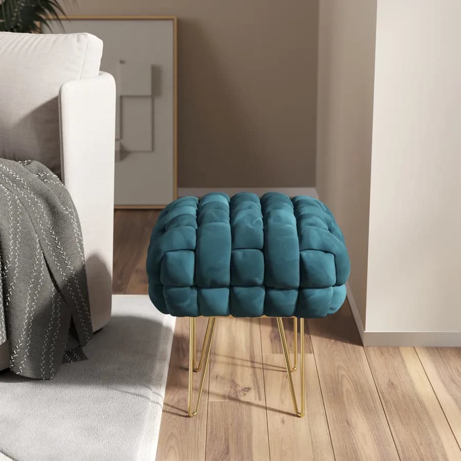 Sgabello 38x41h cm in velluto intrecciato blu petrolio con gambe in metallo oro - Jagger