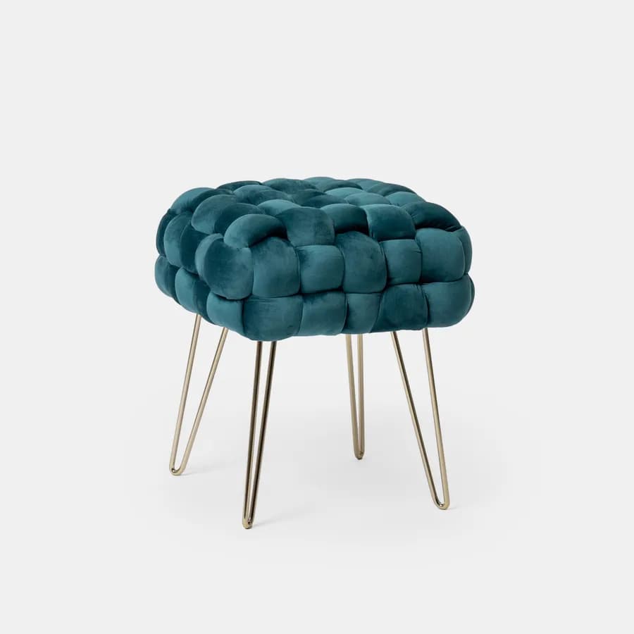 Sgabello 38x41h cm in velluto intrecciato blu petrolio con gambe in metallo oro - Jagger