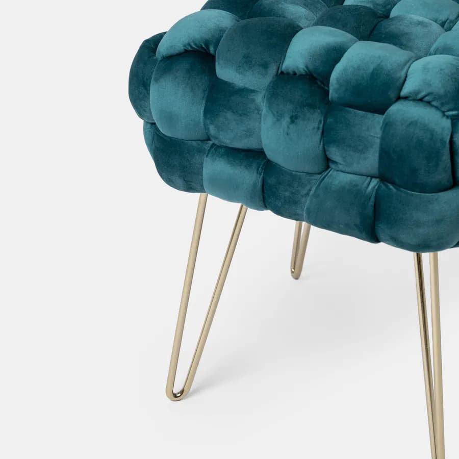Sgabello 38x41h cm in velluto intrecciato blu petrolio con gambe in metallo oro - Jagger