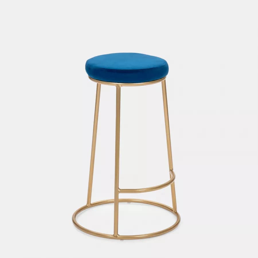 Sgabello in velluto blu con struttura tonda in metallo oro - Klent