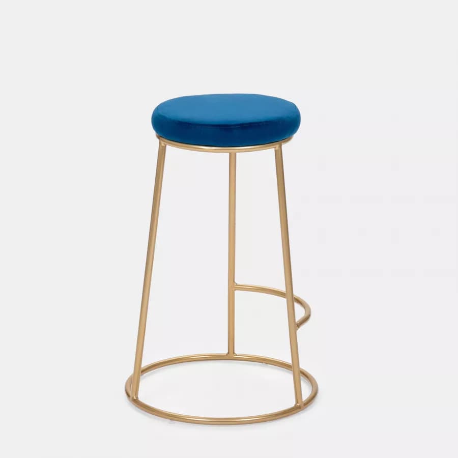 Sgabello in velluto blu con struttura tonda in metallo oro - Klent