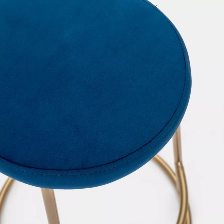 Sgabello in velluto blu con struttura tonda in metallo oro - Klent