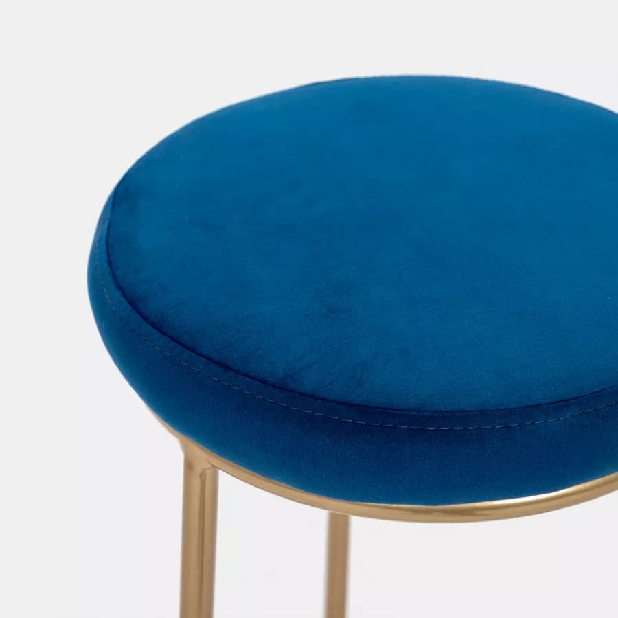 Sgabello in velluto blu con struttura tonda in metallo oro - Klent