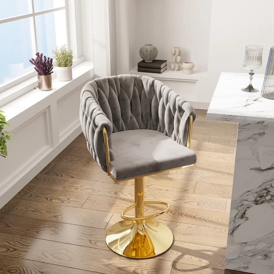 Sgabello in velluto grigio fumo intrecciato e gambe oro - Intrigue