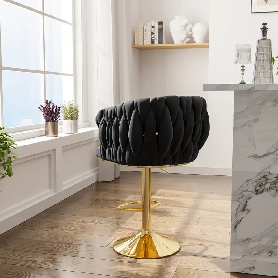Sgabello in velluto nero intrecciato e gambe oro - Intrigue