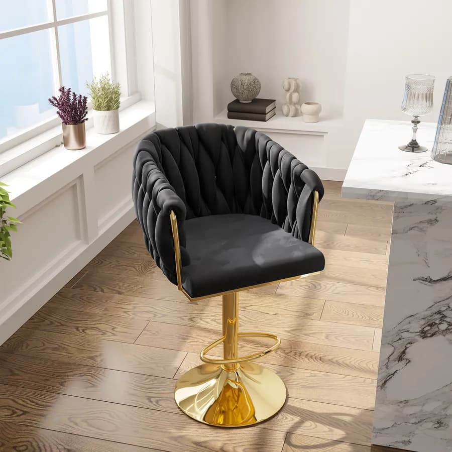 Sgabello in velluto nero intrecciato e gambe oro - Intrigue