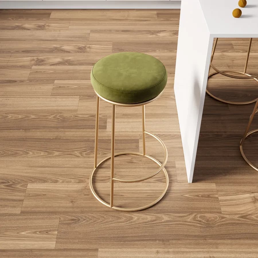 Sgabello in velluto verde oliva con struttura tonda in metallo oro - Klent
