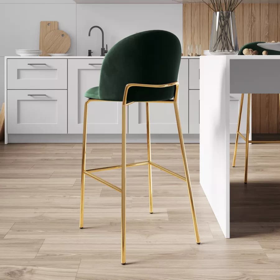 Sgabello in velluto verde scuro con gambe e poggiapiedi in metallo finitura oro - Zilla