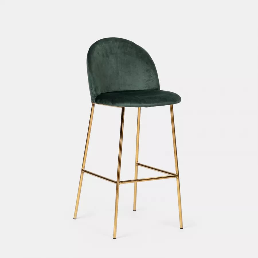 Sgabello in velluto verde scuro con gambe e poggiapiedi in metallo finitura oro - Zilla
