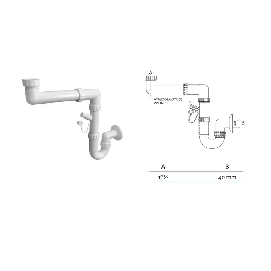 Sifone salvaspazio in PP bianco lavello singolo attacco lavatrice 1''1/2x32/40mm