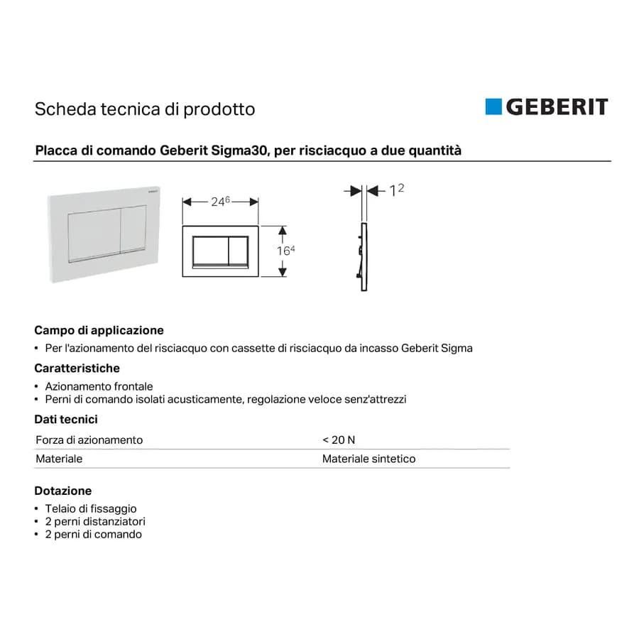 Placca di comando doppio tasto nero opaco Geberit per cassette Sigma - Sigma20 square