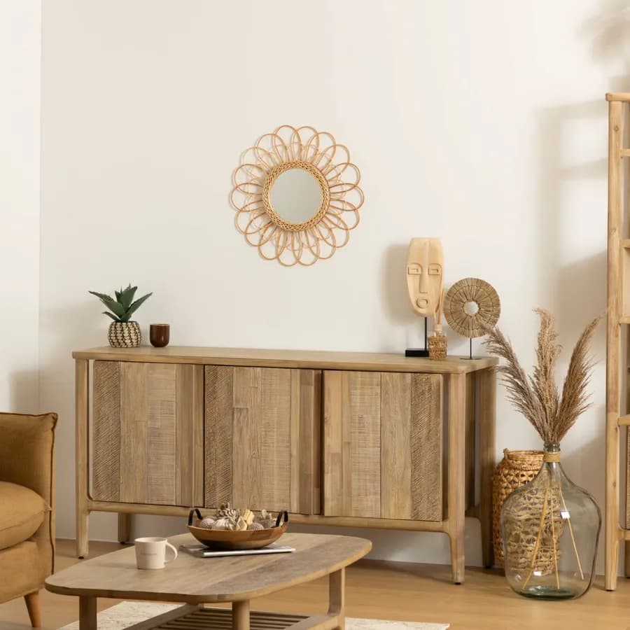 Specchio rotondo 56 cm a fiore con cornice intrecciata in vimini naturale