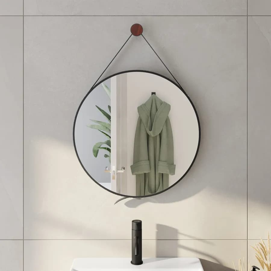 Specchio da bagno tondo Ø 50 cm con cornice in similpelle nero - Arnage