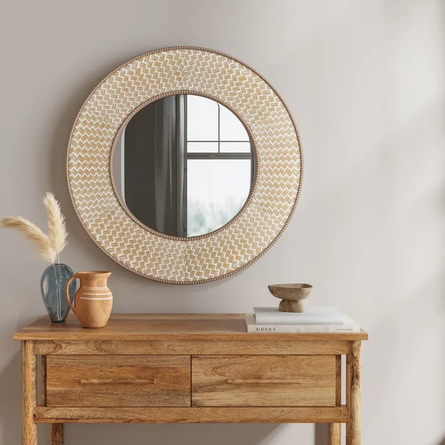 Specchio da interno tondo 80 cm con cornice decorata naturale - Elodie