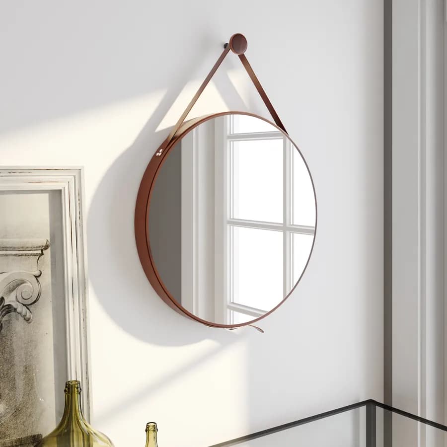 Specchio rotondo 50 cm con cornice in similpelle marrone - Arnage