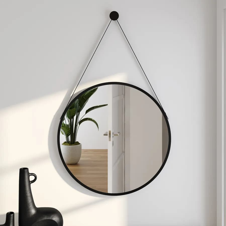 Specchio rotondo 60 cm con cornice e cinghia nera - Edel