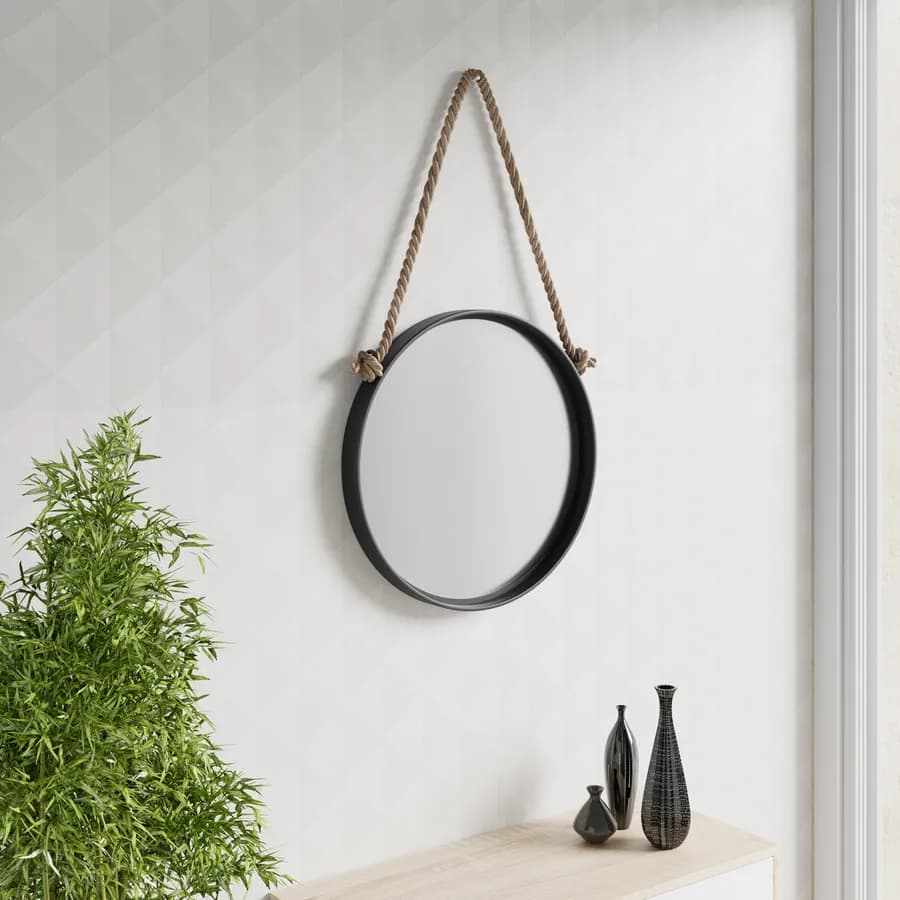 Specchio decorativo 50 cm con cornice nera e gancio in corda - Wiki